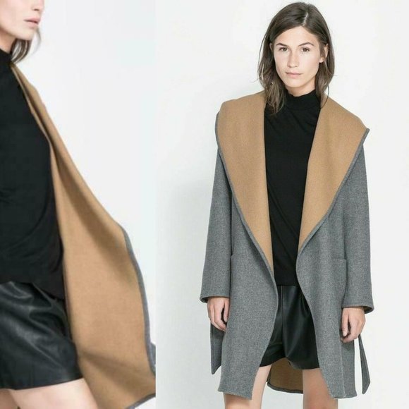 Zara Basic Jackets & Blazers - Zara Camel Hood Wool Blend Coat w/ Tie Belt HW9188